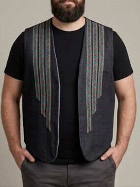 Men's Black Embroidered Vest with Purple Lining